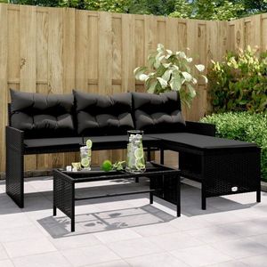 Zahradní pohovka ve tvaru L stolek a podušky černá polyratan obraz