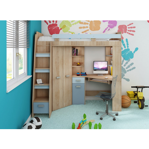 ArtCross Dětská rohová vyvýšená postel ANTRESOLA | dub sonoma / modrá Provedení: levé obraz
