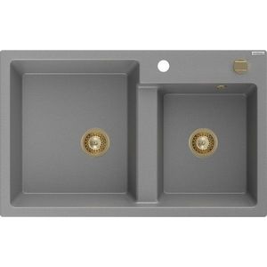 MEXEN/S Tomas granitový dřez 2-bowl 800x500 mm, šedá, + zlatý sifon 6516802000-71-G obraz