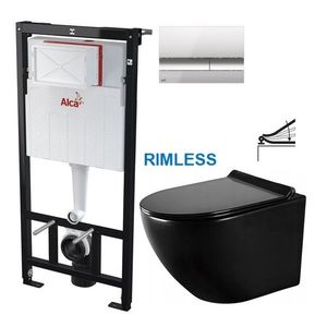 ALCADRAIN Sádromodul předstěnový instalační systém s chromovým tlačítkem M1721 + WC MEXEN LENA ČERNÁ Rimless + SEDÁTKO AM101/1120 M1721 ME01 obraz