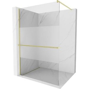 MEXEN/S Kioto+ Sprchová zástěna WALK-IN s poličkou a držákem ručníků 100 x 200 cm, transparent/dekor, zlatá kartáčovaná 800-100-121-55-35 obraz