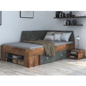 Úložná postel se zástěnou Junior 120x200 cm, vintage optika dřeva/tmavý beton obraz