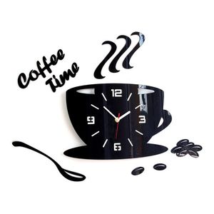 Moderní nástěnné hodiny COFFEE TIME 3D BLACK (nalepovací hodiny na stěnu) obraz