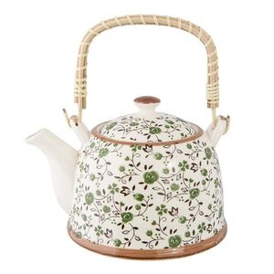 Porcelánová konvička se sítkem a zelenými květy - 18*14*12 cm / 700 ml 6CETE0001 obraz