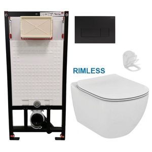 DEANTE Podomítkový rám, pro závěsné WC mísy + SLIM tlačítko černé + WC Ideal Standard Tesi se sedátkem RIMLESS CST_WC01 N51P TE2 obraz