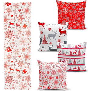 Sada 4 vánočních povlaků na polštář a běhounu na stůl Minimalist Cushion Covers Red Snowflake obraz