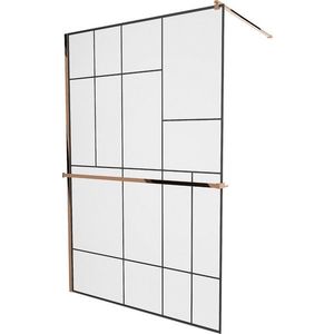 MEXEN/S KIOTO Sprchová zástěna WALK-IN s poličkou a držákem ručníků 80 x 200, transparent/černá 8 mm, růžové zlato 800-080-121-60-78 obraz