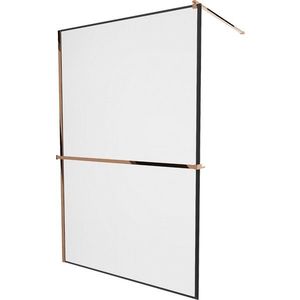 MEXEN/S KIOTO Sprchová zástěna WALK-IN s poličkou a držákem ručníků 100 x 200 cm transparent/černá 8 mm, růžové zlato 800-100-121-60-70 obraz