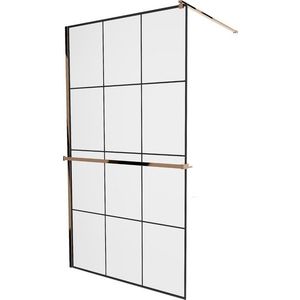 MEXEN/S KIOTO Sprchová zástěna WALK-IN s poličkou a držákem ručníků 100 x 200, transparent/černá 8 mm růžové zlato 800-100-121-60-77 obraz