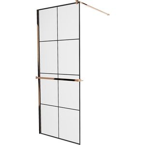 MEXEN/S KIOTO Sprchová zástěna WALK-IN s poličkou a držákem ručníků 70 x 200, transparent/černá 8 mm, růžové zlato 800-070-121-60-77 obraz