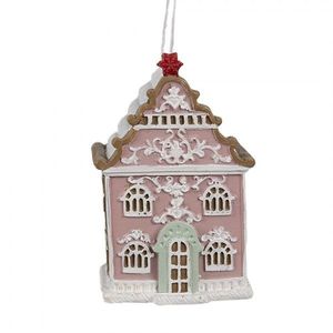 Růžová závěsná vánoční ozdoba perníková chaloupka Gingerbread - 6*4*9 cm 6PR4215 obraz