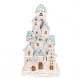 Růžovo-modrá svítící dekorace perníkové domky Gingerbread House - 13*13*26 cm 6PR4202 obraz