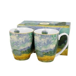 DekorStyle Sada 2 ks porcelánových hrnků Van Gogh WHEAT FIELD WITH CYPRESSES 350 ml modrá obraz