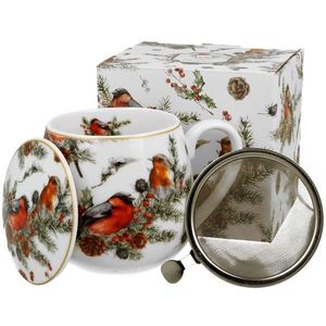 DekorStyle Vánoční porcelánový hrnek Christmas Bird s infuzérem 430 ml vícebarevný obraz