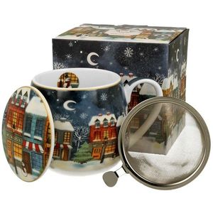 DekorStyle Vánoční porcelánový hrnek Christmas City s infuzérem 430 ml vícebarevný obraz