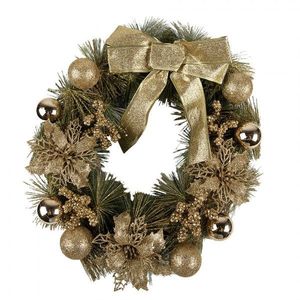 Zeleno-zlatý vánoční věnec s mašlí a koulemi Christmas Wreath - Ø 40*10 cm 65772 obraz