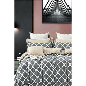 Šedo-béžové prodloužené čtyřdílné bavlněné povlečení na dvoulůžko s prostěradlem 200x220 cm Geometric – Mila Home obraz