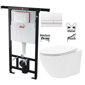 ALCADRAIN Jádromodul předstěnový instalační systém s bílým tlačítkem M1710 + WC REA Carlo Flat Mini Rimless + SEDÁTKO AM102/1120 M1710 CF1 obraz