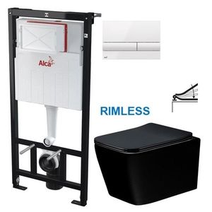 ALCADRAIN Sádromodul předstěnový instalační systém s bílým tlačítkem M1710 + WC MEXEN TEO ČERNÁ Rimless + SEDÁTKO AM101/1120 M1710 ME02 obraz