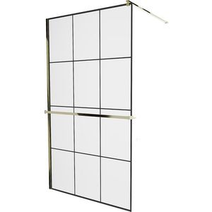 MEXEN/S KIOTO Sprchová zástěna WALK-IN s poličkou a držákem ručníků 100 x 200, transparent/černá 8 mm, zlatá 800-090-121-50-77 800-100-121-50-77 obraz