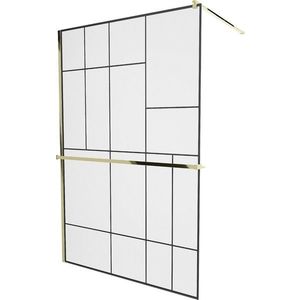 MEXEN/S KIOTO Sprchová zástěna WALK-IN s poličkou a držákem ručníků 120 x 200, transparent/černá 8 mm, zlatá 800-120-121-50-78 obraz