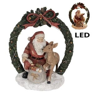 Vánoční dekorace Santa se srnečkou v zeleném věnci s Led - 19*12*23 cm 6PR4959 obraz