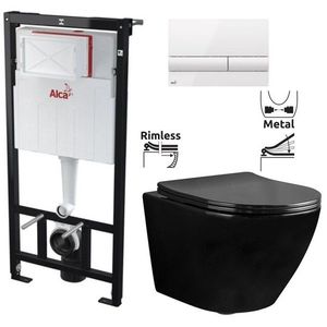 ALCADRAIN Sádromodul předstěnový instalační systém s bílým tlačítkem M1710 + WC REA CARLO MINI RIMFLESS ČERNÁ + SEDÁTKO AM101/1120 M1710 CL1 obraz