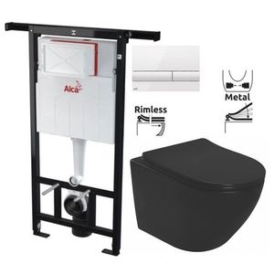 ALCADRAIN Jádromodul předstěnový instalační systém s bílým tlačítkem M1710 + WC REA CARLO MINI RIMLESS ČIERNY MAT + SEDADLO AM102/1120 M1710 MM1 obraz