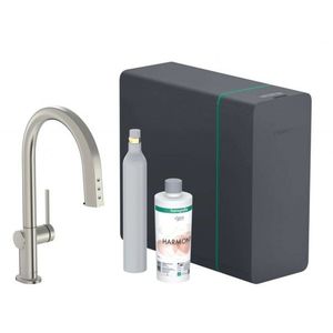 HANSGROHE Aqittura M91 Dřezová baterie s výsuvnou koncovkou, SodaSystem, sBox, vzhled nerezu 76806800 obraz