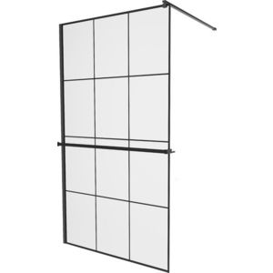 MEXEN/S KIOTO Sprchová zástěna WALK-IN s poličkou a držákem ručníků 100 x 200, transparent/černá 8 mm, černá 800-100-121-70-77 obraz