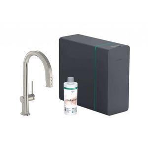 HANSGROHE Aqittura M91 Dřezová baterie s výsuvnou koncovkou, SodaSystem, sBox, vzhled nerezu 76836800 obraz