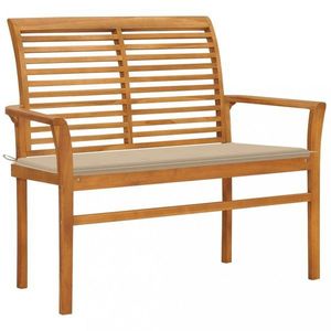 Zahradní lavice s béžovou poduškou 112 cm masivní teak obraz