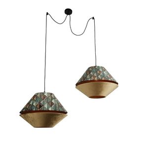 Hanglamp zwart met dubbele velours lampenkap blad dessin en beige 2-lichts - Cava Luxe obraz