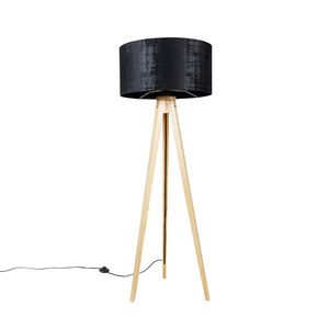Stojací lampa dřevěná s látkovým stínítkem černým 50 cm - Tripod Classic obraz