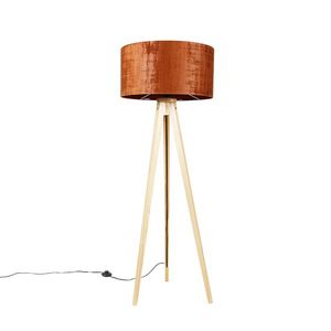 Stojací lampa dřevěná s oranžovým látkovým stínítkem 50 cm - Tripod Classic obraz