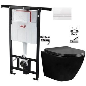 ALCADRAIN Jádromodul předstěnový instalační systém s bílým tlačítkem M1710 + WC REA CARLO MINI RIMFLESS ČERNÁ + SEDÁTKO AM102/1120 M1710 CL1 obraz