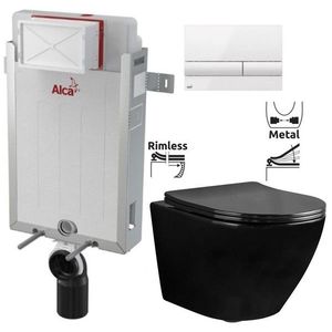 ALCADRAIN Renovmodul předstěnový instalační systém s bílým tlačítkem M1710 + WC REA CARLO MINI RIMFLESS ČERNÁ + SEDÁTKO AM115/1000 M1710 CL1 obraz