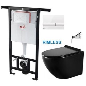 ALCADRAIN Jádromodul předstěnový instalační systém s bílým tlačítkem M1710 + WC MEXEN LENA ČERNÁ Rimless + SEDÁTKO AM102/1120 M1710 ME01 obraz
