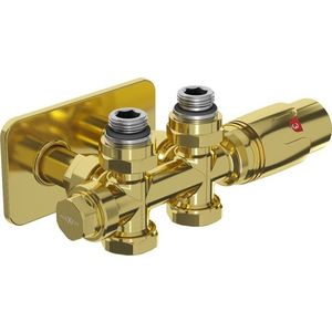 MEXEN/S G00 úhlová termostatická souprava pro radiátor/středová + krycí rozeta S, Duplex, DN50, zlatá W908-900-910-50 obraz