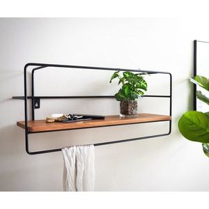 Nástěnná police Cadra 70x80x30 cm přírodní akácie kov černá obraz