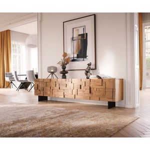 TV stolek Puzzle 220 cm přírodní akácie 4 dvířka podnož černý obraz