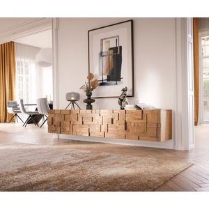 TV stolek Puzzle 220 cm přírodní akácie 4 dvířka závěsné obraz
