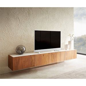 TV stolek Secara 220 cm akácie přírodní 4 dvířka mramor závěsné obraz