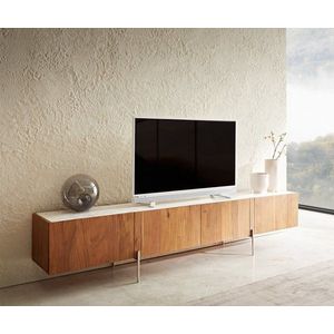 TV stolek Secara 220 cm přírodní akácie 4 dvířka mramor podnož obraz