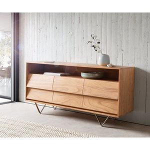 Komoda Eloi 145x40 cm přírodní akácie 6 zásuvek podnož ve tvaru obraz