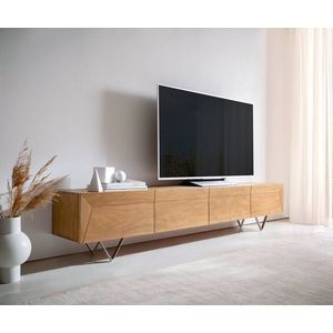 TV stolek Kayu 220 cm přírodní akácie 4 dvířka podnož ve tvaru obraz