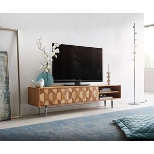 TV stolek Fevo 160 cm akácie přírodní 2 dvířka podnož ve tvaru obraz