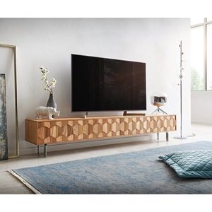 TV stolek Fevo 220 cm akácie přírodní 4 dvířka podnož ve tvaru obraz