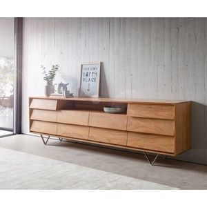 Komoda Eloi 240x40 cm přírodní akácie 2 dvířka 6 zásuvek podnož obraz