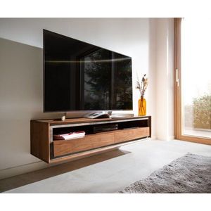 TV stolek Stonegrace 145 cm akácie hnědá kamenina 2 zásuvky 1 obraz